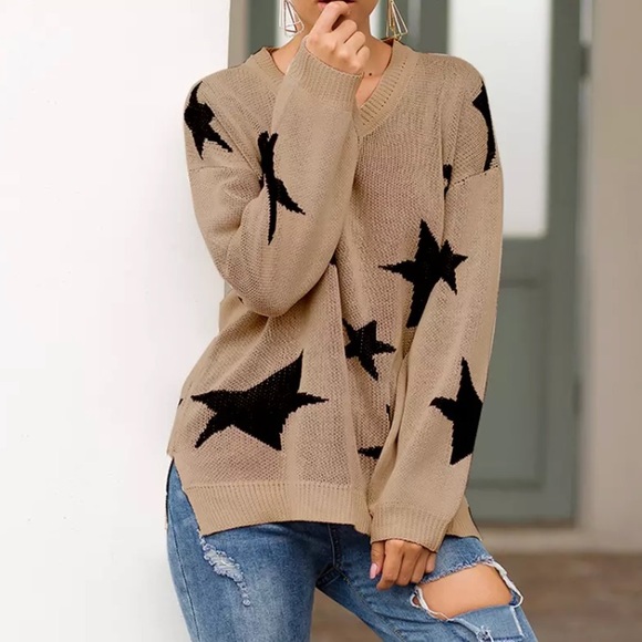 Beige Star Printed Knit Pullover Sweater - Picture 2 of 5